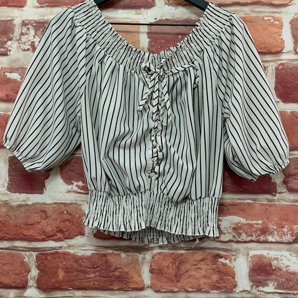STITCHFIX PAPERMOON WOMEN'S WHITE & BLACK STRIPED LACE UP PULLOVER BLOUSE